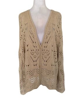 Sundance Women’s Plus XXL Beige Openwork Knit Button-Down Cardigan Sweater Boho